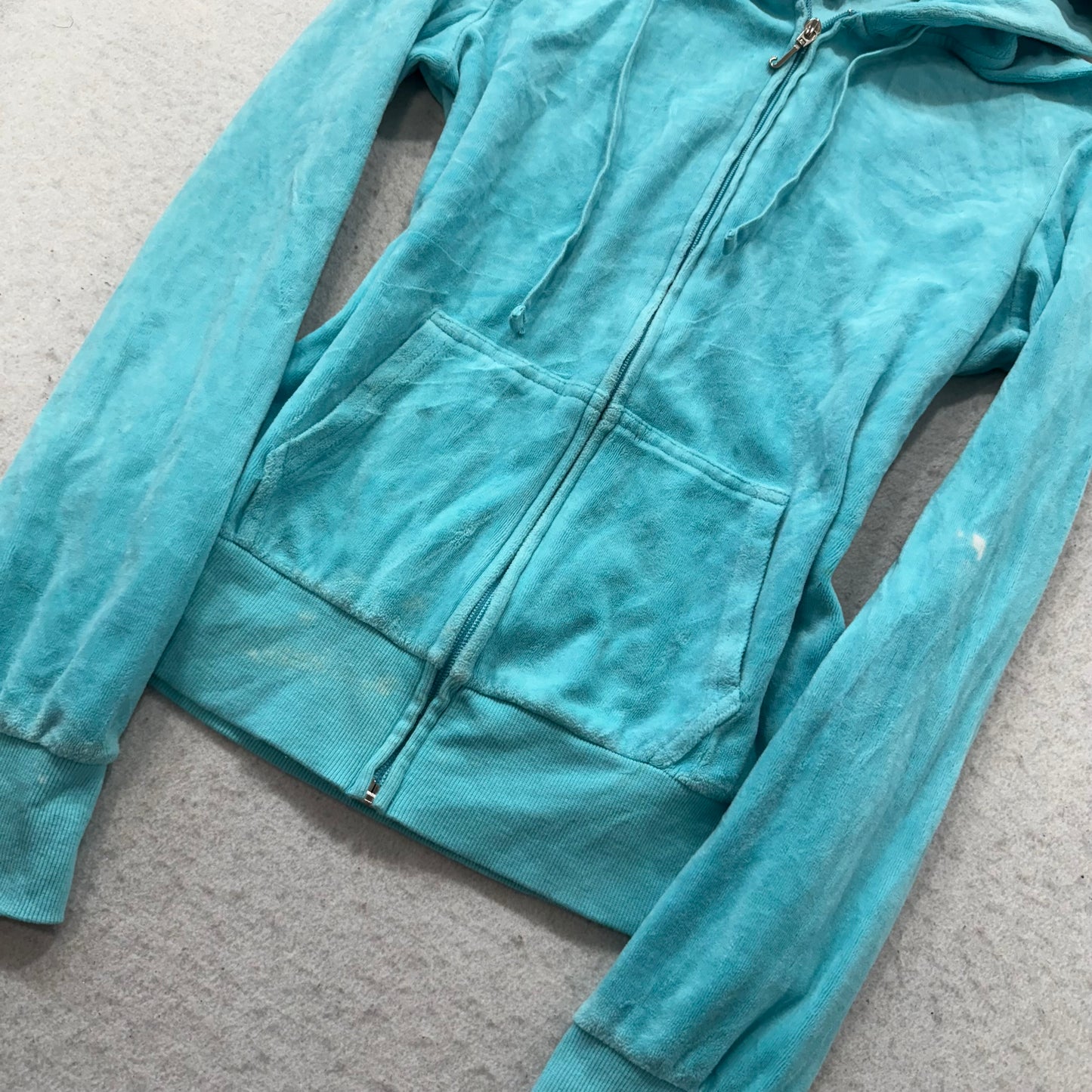 Juicy Couture Women's Turquoise Velour Full Zip Hoodie Drawstring Pockets Size M