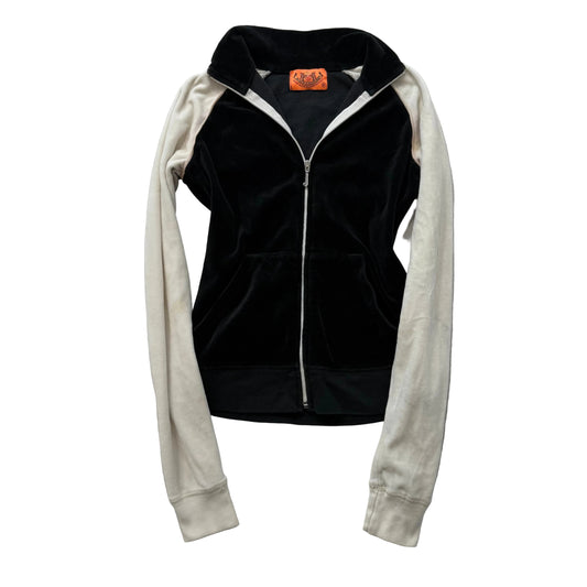 2003 Vintage Juicy Couture Women's Black White Velour Zip Up Track Jacket Size S