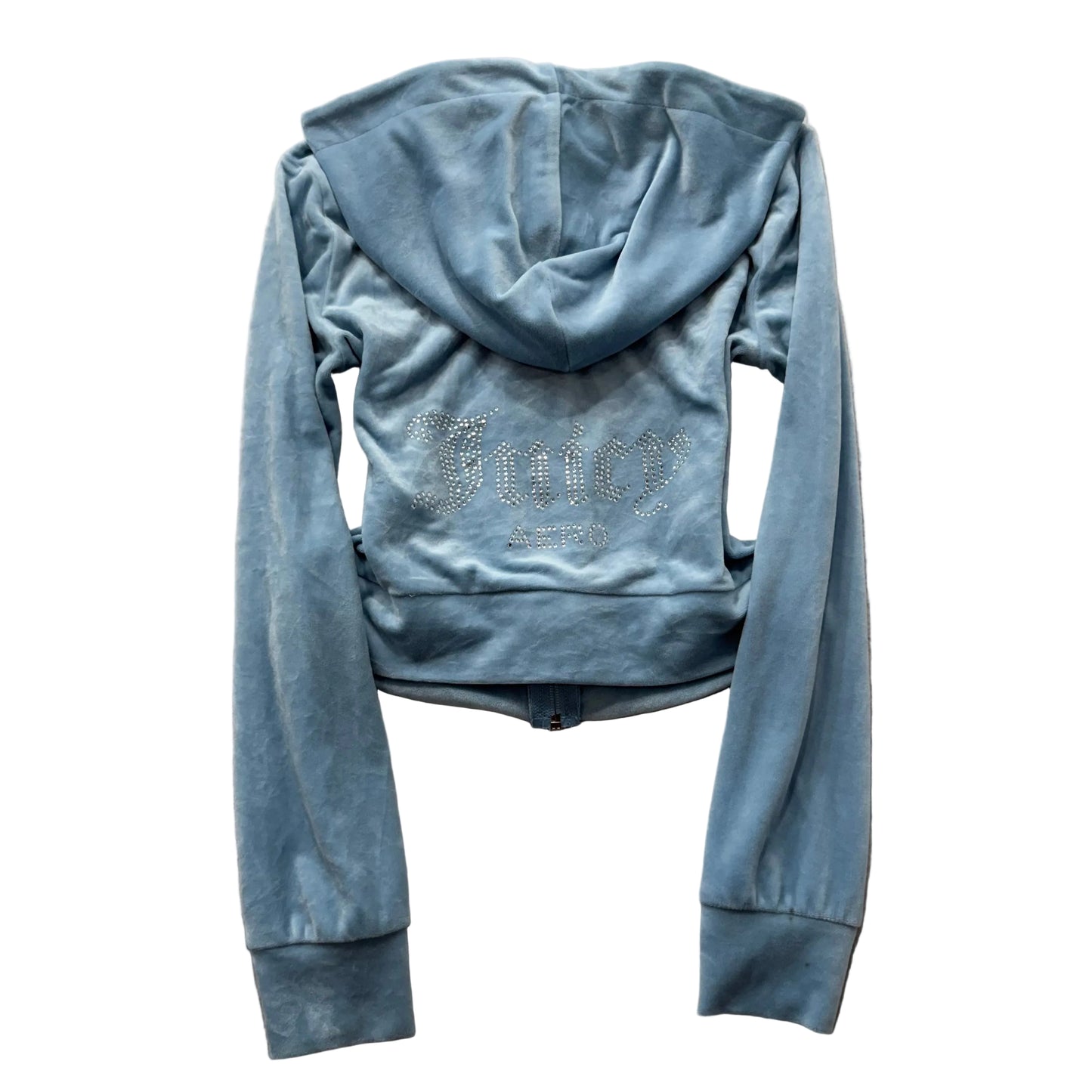 Juicy Couture Women's Slate Blue Velour Zip-Up Cropped Hoodie Rhinestone Size XS