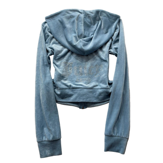 Juicy Couture Women's Slate Blue Velour Zip-Up Cropped Hoodie Rhinestone Size XS