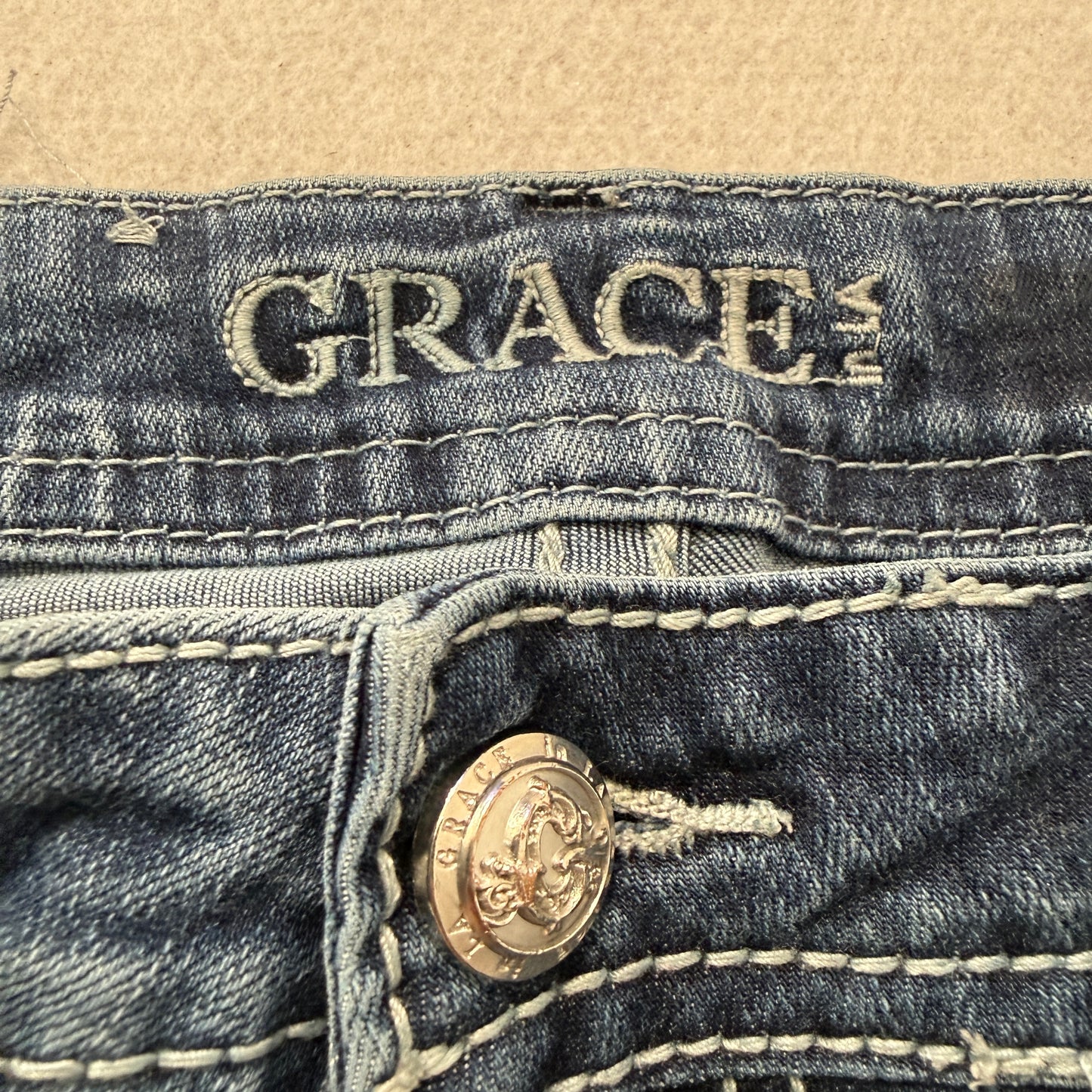 Grace Women's Blue Bootcut Denim Jeans Rhinestone Embelishement Classic Size 27