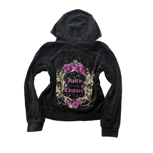 Juicy Couture Women's Black Velour Zip-Up Hoodie Floral Graphic Logo Size 10/12