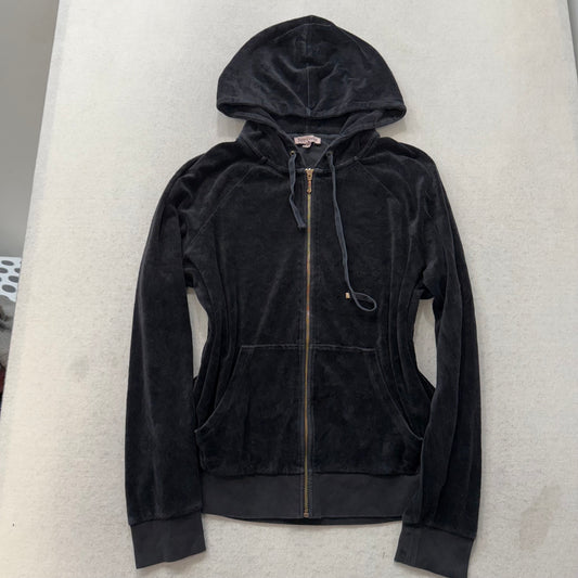 Juicy Couture Womens Black Velour Zip-Up Hoodie Gold Sequin Logo Spellout Size L