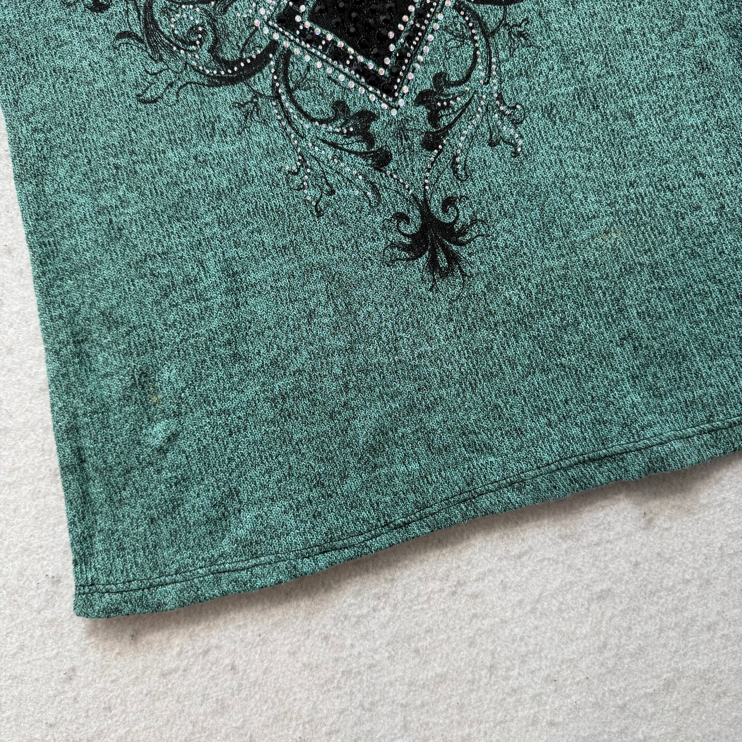 Vocal Women's Blue Green Cross Graphic V-Neck Top Rhinestone Stretch Size M