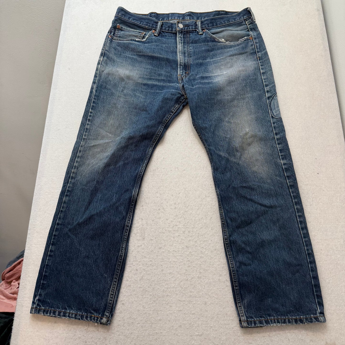 Levi's Mens Blue Denim Straight Leg Jeans frayed Hems Patched Classic Size 38x30