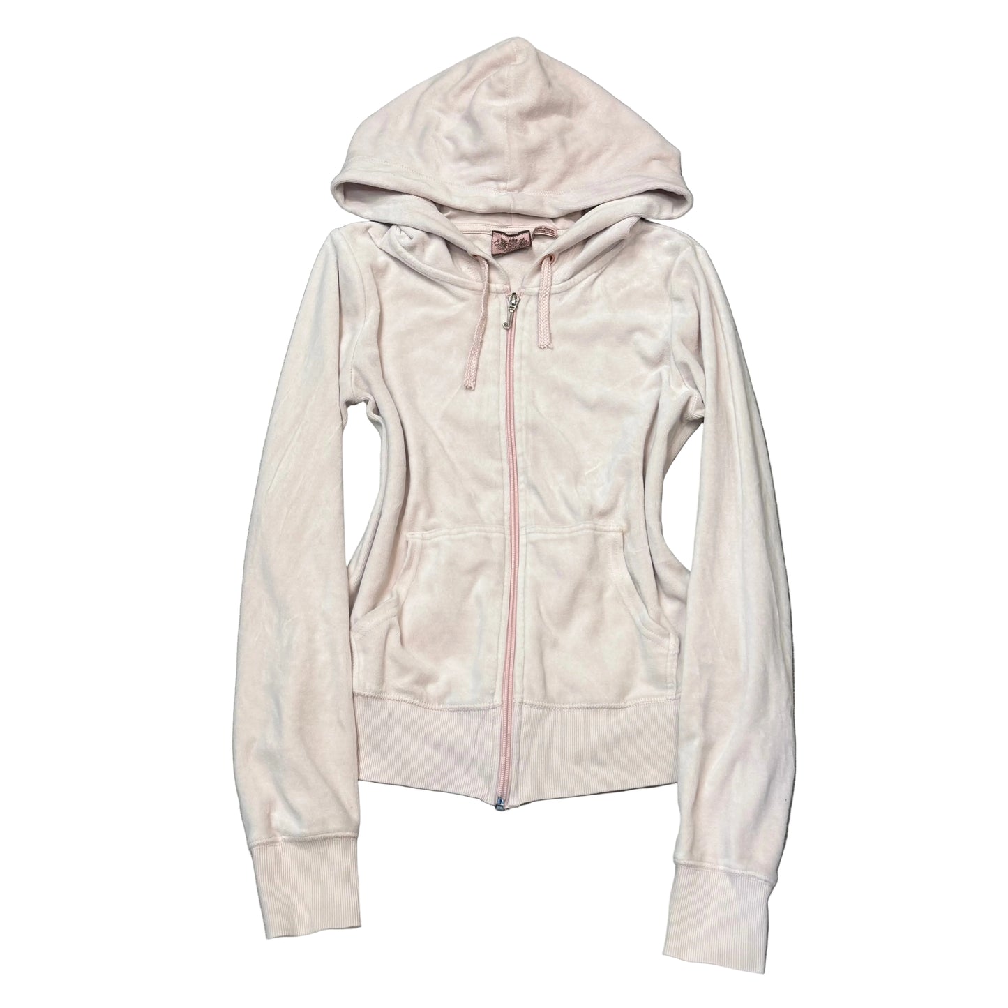 Vintage Juicy Couture Women's Light Pink Velour Zip-Up Hoodie Drawstring Size S