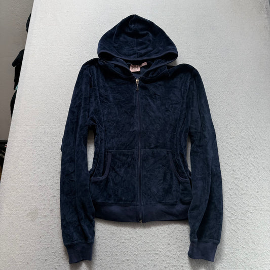Juicy Couture Women's Navy Velour Zip-Up Hoodie Crown Logo Pockets Y2k Size XL
