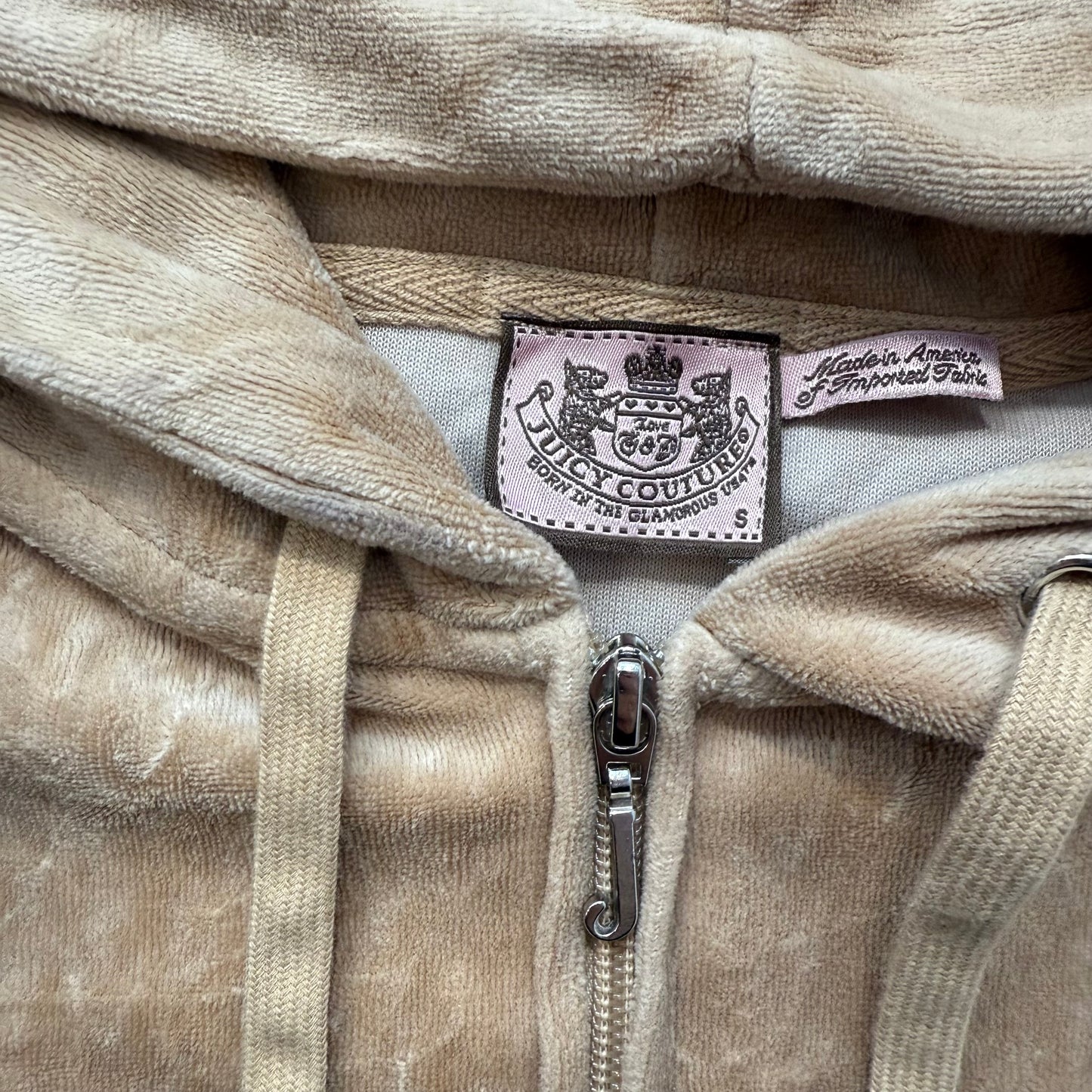 Vintage Juicy Couture Women Tan Velour Full Zip Hoodie Drawstring Pockets Size S