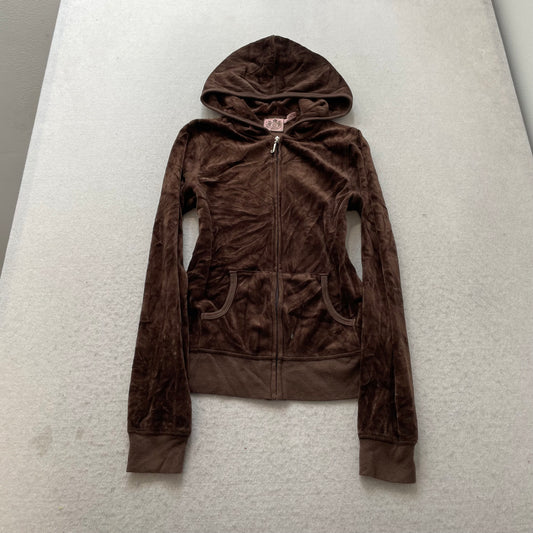Vintage Juicy Couture Scottie Dogs Womens Dark Brown Velour Zip-Up Hoodie Size S