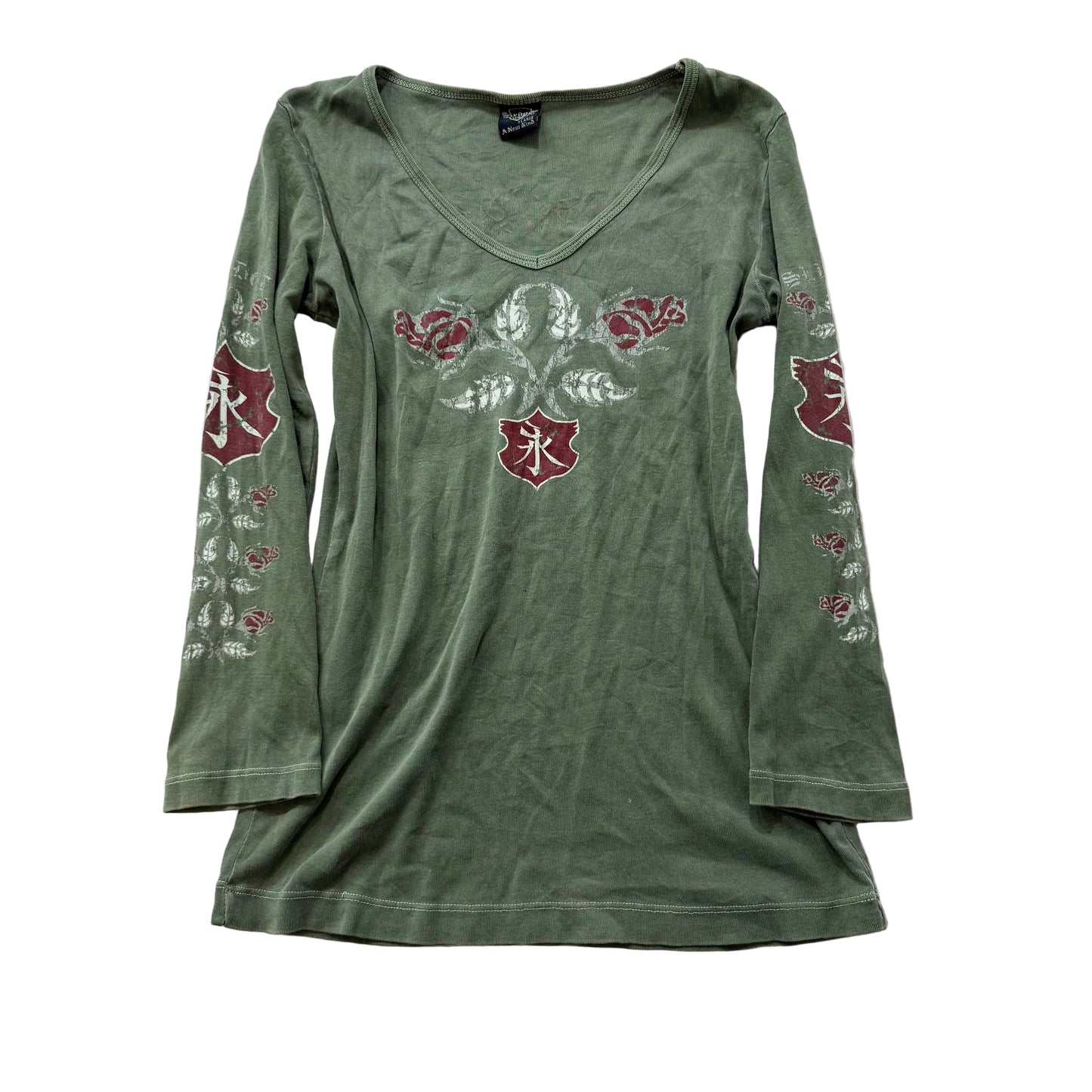 Sledge Women's Olive Green Cotton Top Long Sleeves Kanji Characters Logo Size XL