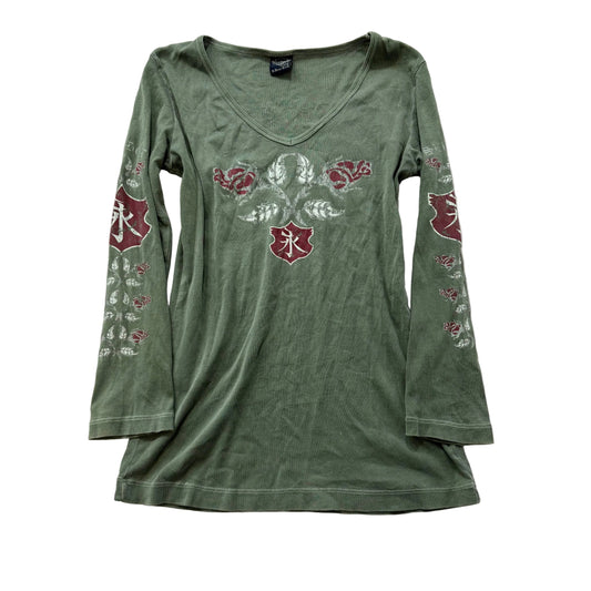 Sledge Women's Olive Green Cotton Top Long Sleeves Kanji Characters Logo Size XL