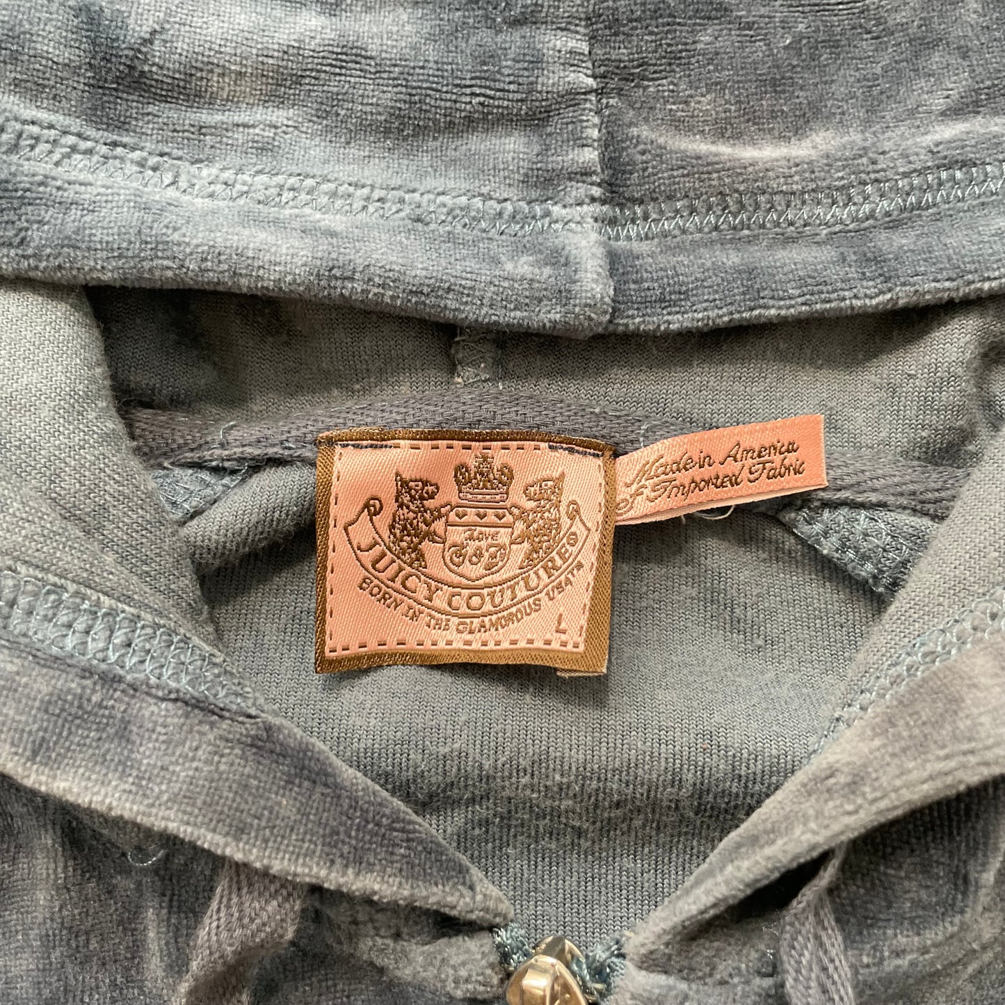 Vintage Juicy Couture Women's Slate Blue Velour Zip-Up Hoodie Drawstring Size L
