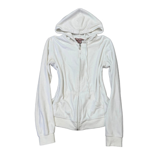Vintage Juicy Couture Womens White Velour Zip-Up Hoodie Drawstring Pocket Size S