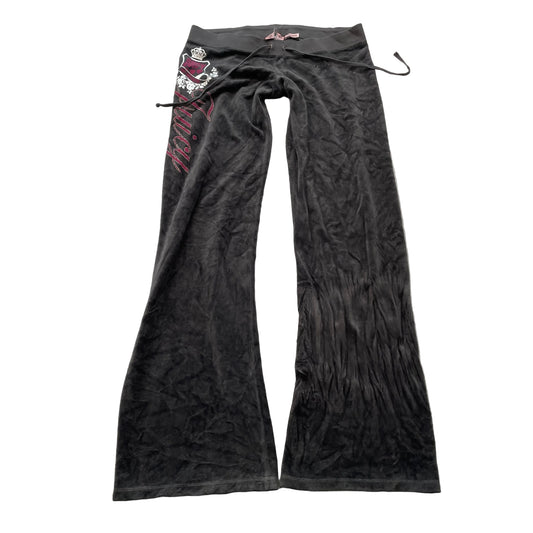 Juicy Couture Women Deep Charcoal Velour Flare Track Pant Rhinestone Logo Size M
