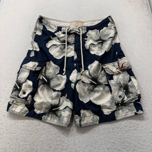 Hollister Men's Navy White Hibiscus Floral Print Board Shorts Pocket Logo Size M