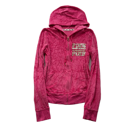 Victoria's Secret PINK Vibrant Pink Velour Zip-Up Hoodie Gold Sequin Logo Size S