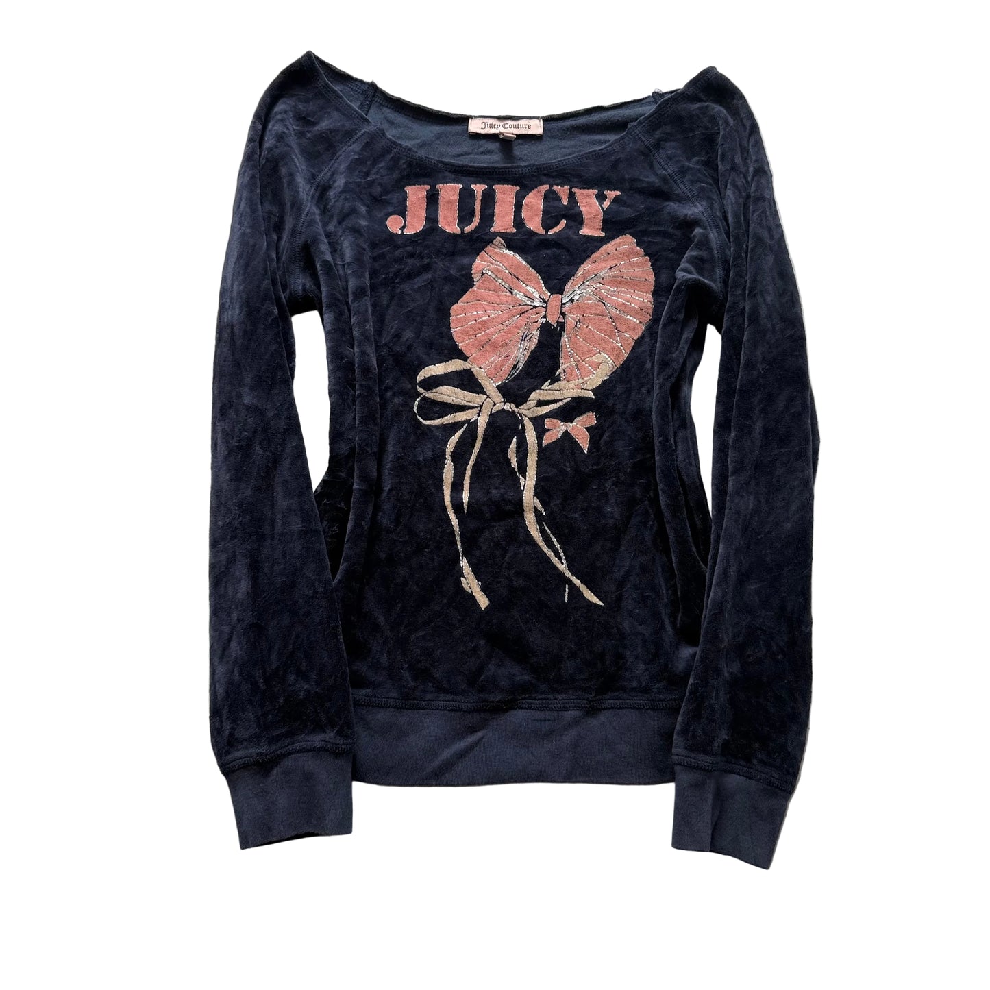 Juicy Couture Women's Navy Velour Bow Off The Shoulder Graphic Top Casual Size M