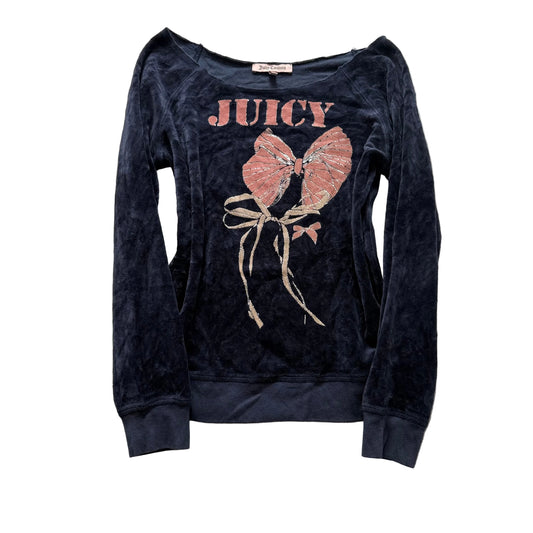 Juicy Couture Women's Navy Velour Bow Off The Shoulder Graphic Top Casual Size M