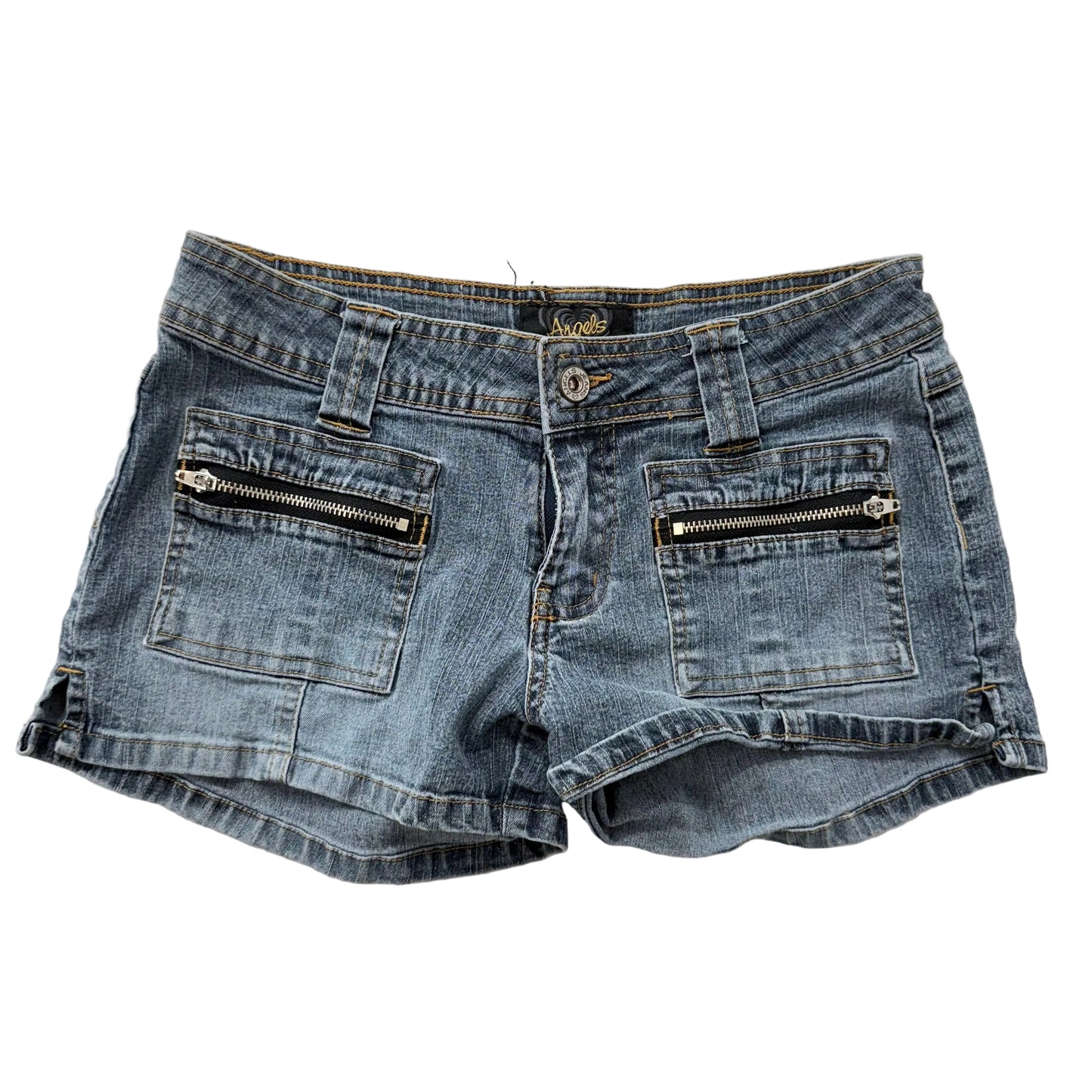 Angels Medium Wash Blue Denim Cargo Mini Shorts Zip Pockets Low Rise Size 28