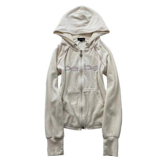 Bebe Womens Cream Velour Zip-Up Hoodie Pockets Embroidered Pink Rose Y2K Size XS