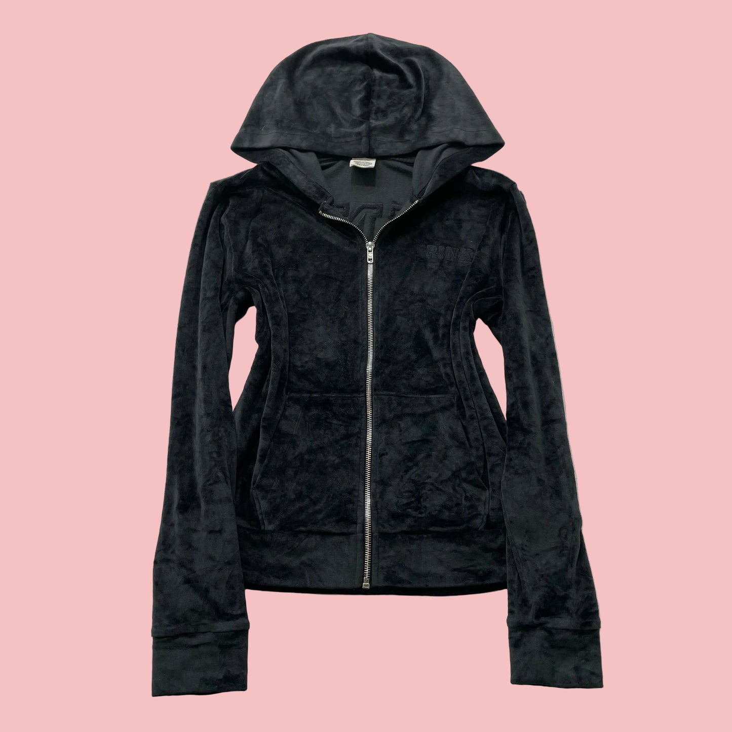 Victoria's Secret PINK Women's Black Velour Zip-Up Hoodie Loungewear Y2k Size S