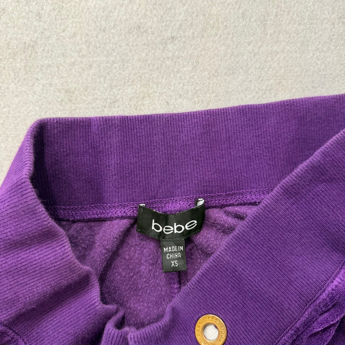Bebe Women's Purple Velour Flare Wide Leg Track Pant Loungewear Logo Y2K Size XS