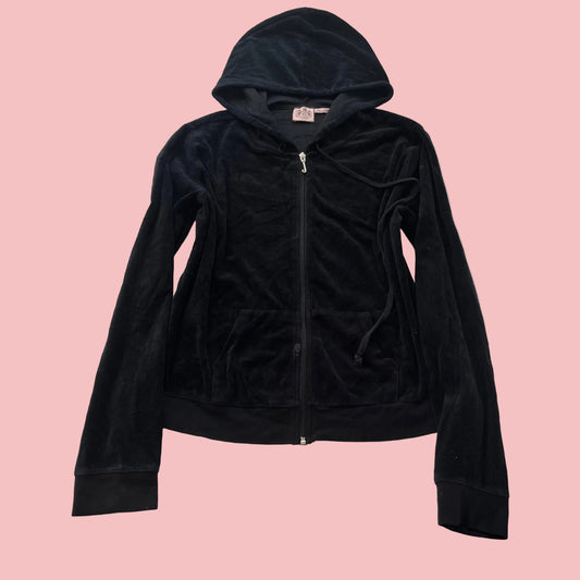 Juicy Couture Women's Black Velour Zip-Up Hoodie Y2K Sports Long Sleeve Size XL