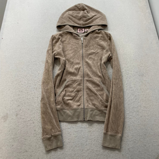 Juicy Couture Scottie Dogs Women's Camel Velour Zip-Up Hoodie Pockets Y2k Size M
