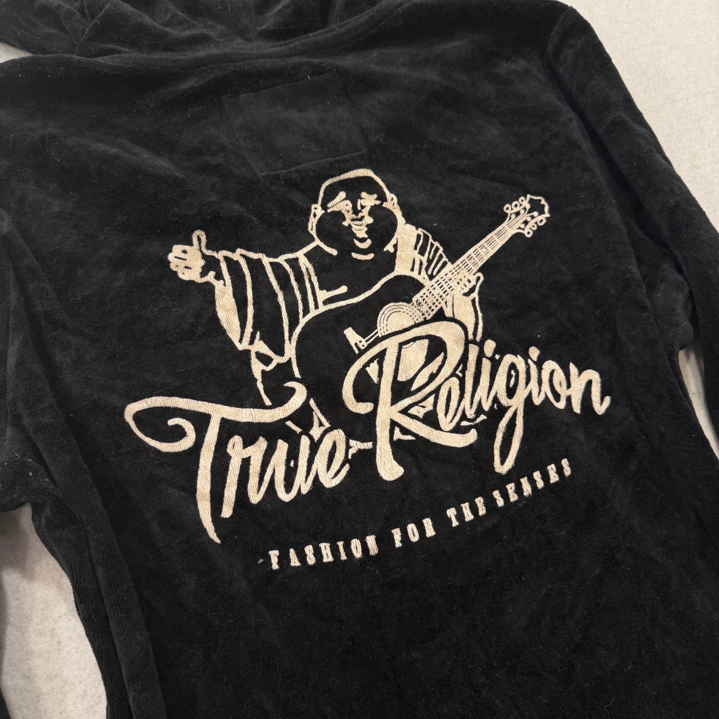 Vintage True Religion Womens Black Velour Zip Up Hoodie Buddha Rhinestone Size L