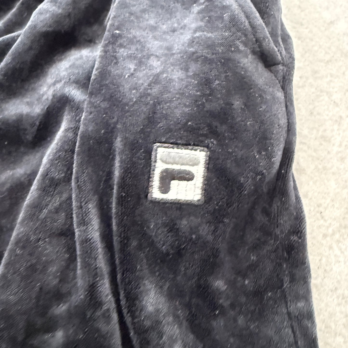 Fila Womens Black Velour Pajama Pants Tapered Leg Drawstring Pockets Logo Size S