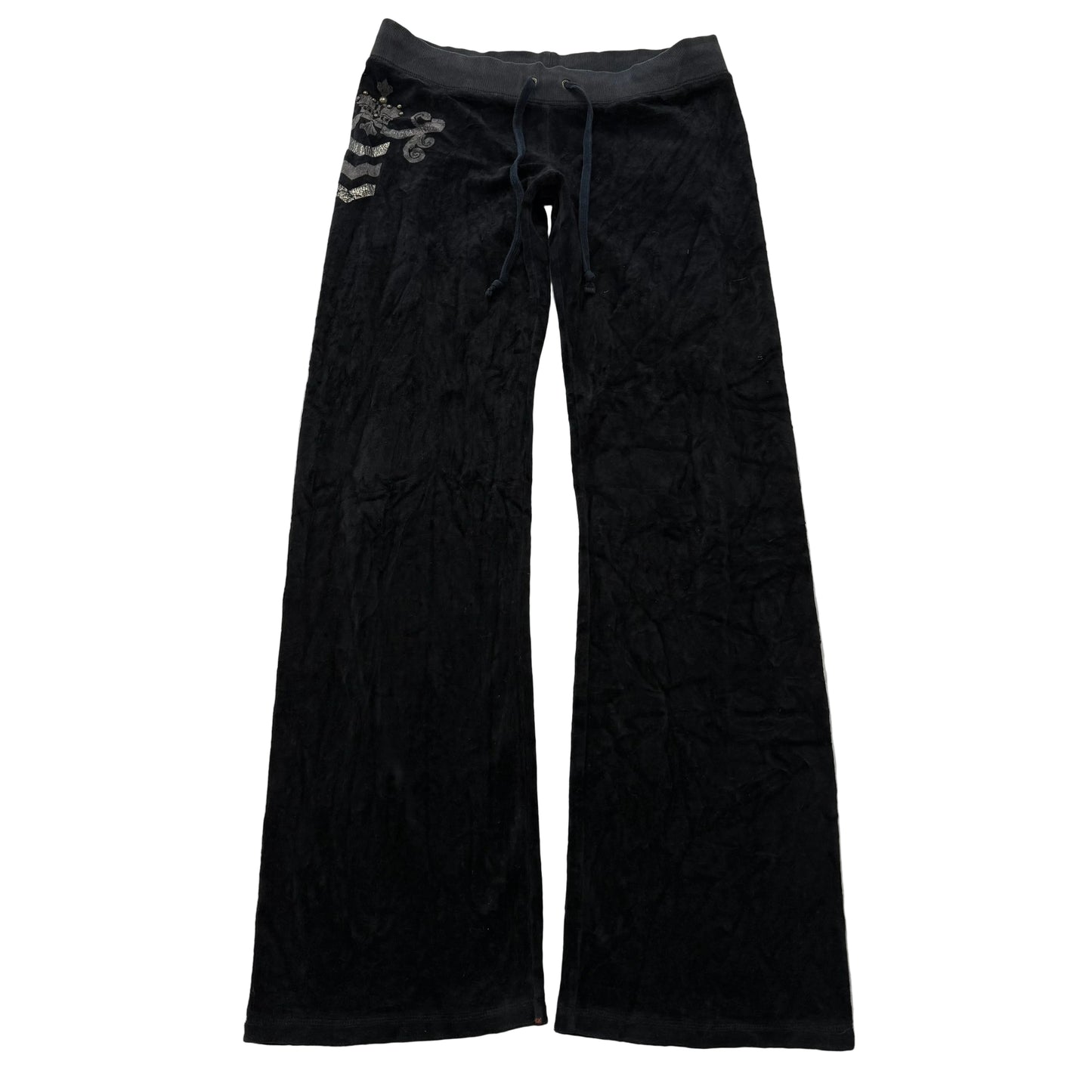 Vintage Juicy Couture Women's Black Velour Flared Track Pant Studded Logo Size S