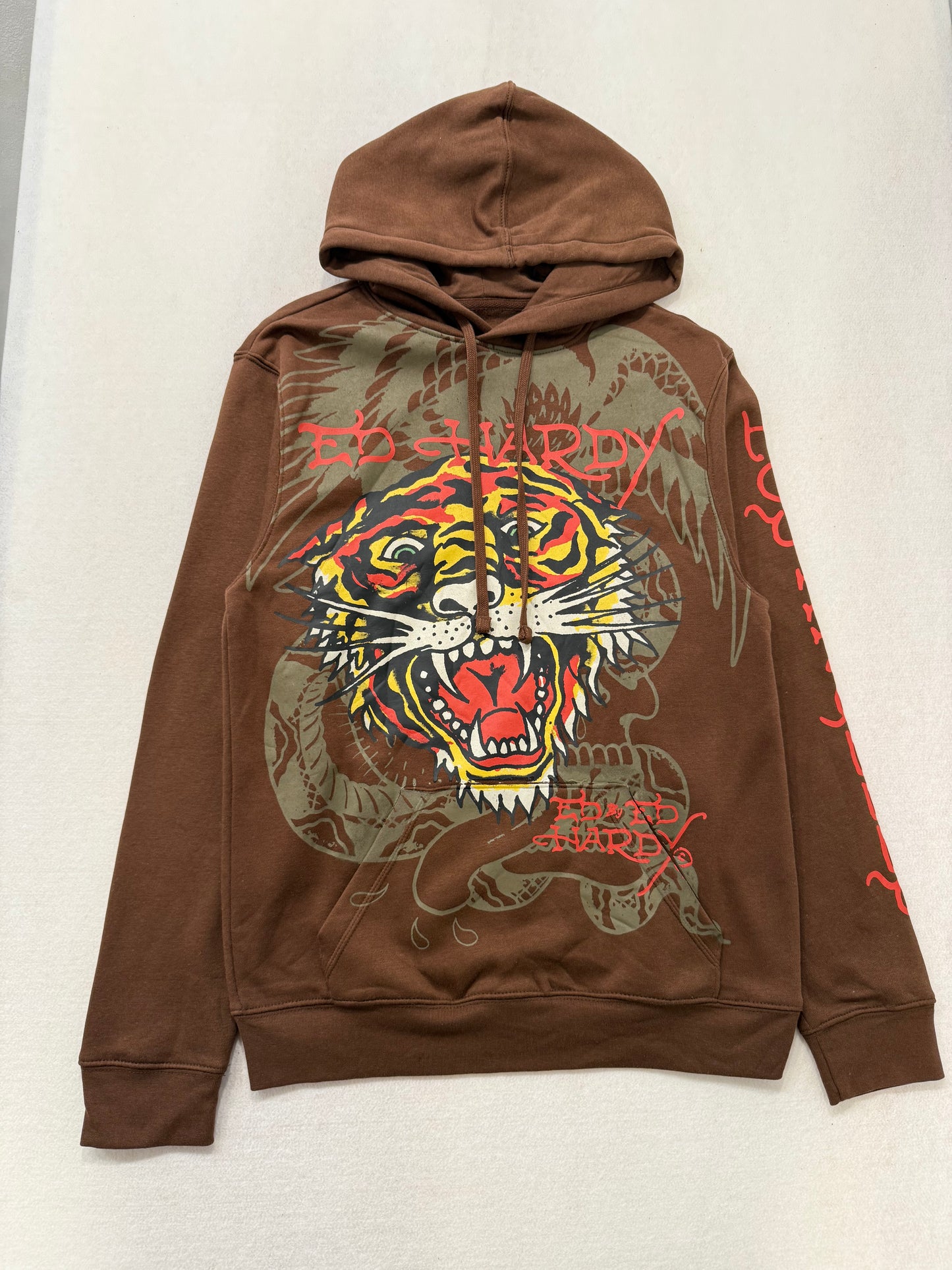 ED HARDY “Tiger Roar” BROWN PULLOVER HOODIE - Clean Curriculums 