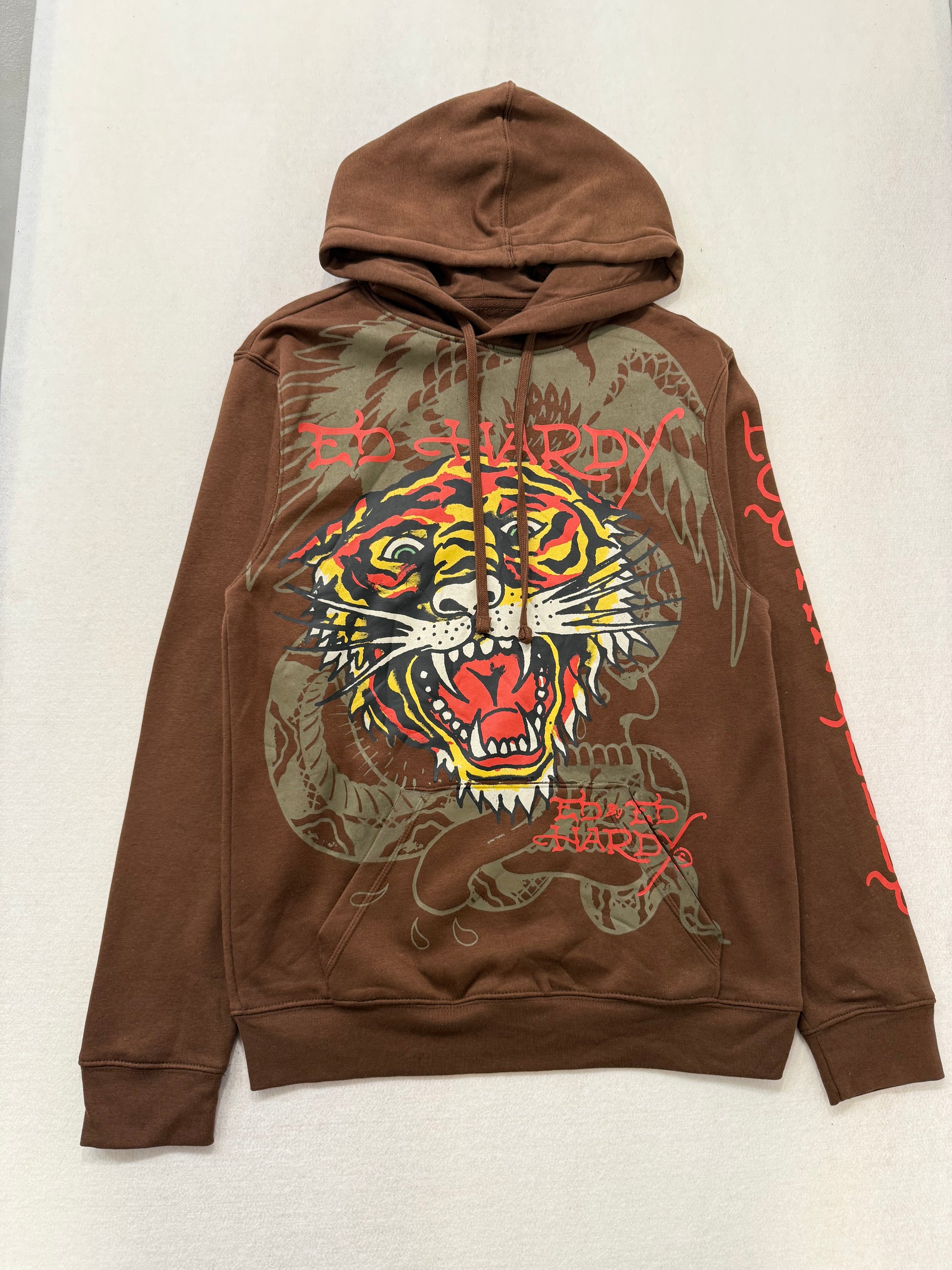 ED HARDY “Tiger Roar” BROWN PULLOVER HOODIE - Clean Curriculums 