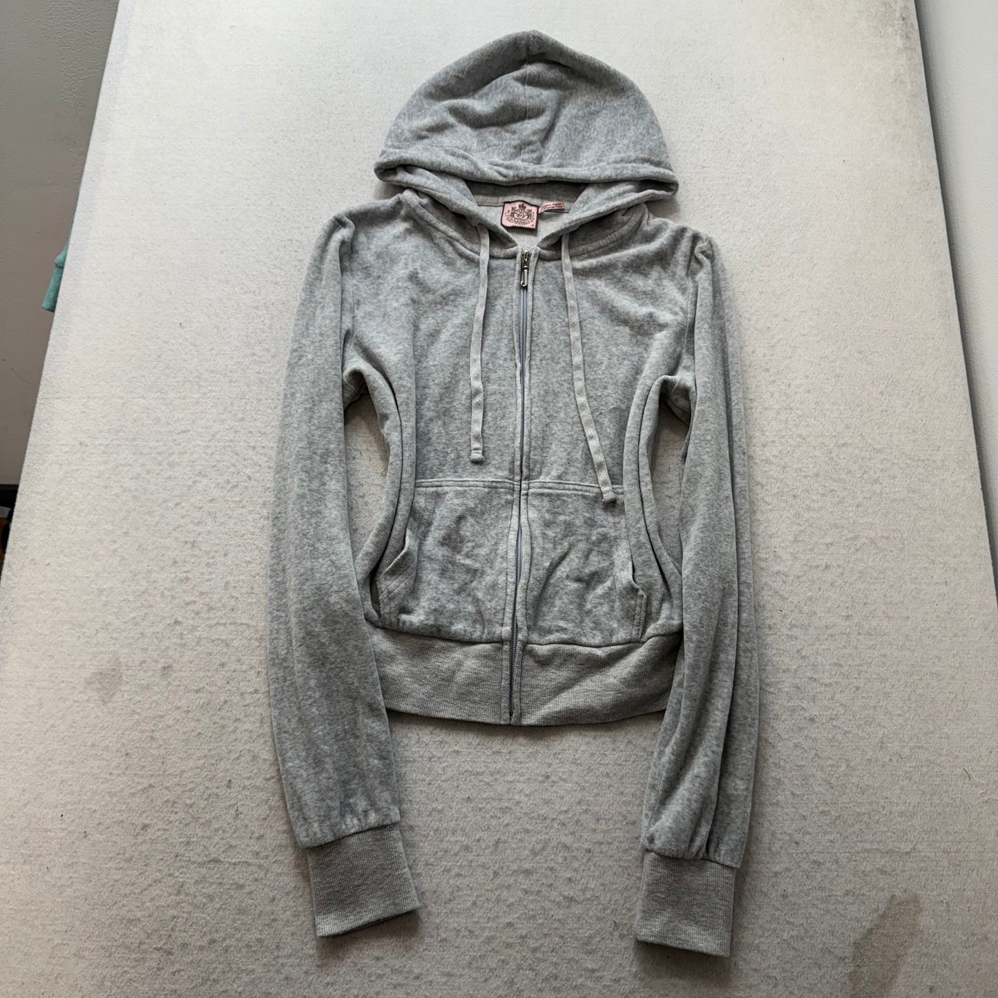 Juicy Couture Women's Heather Gray Velour Zip-Up Hoodie Crown Logo Pocket Size M