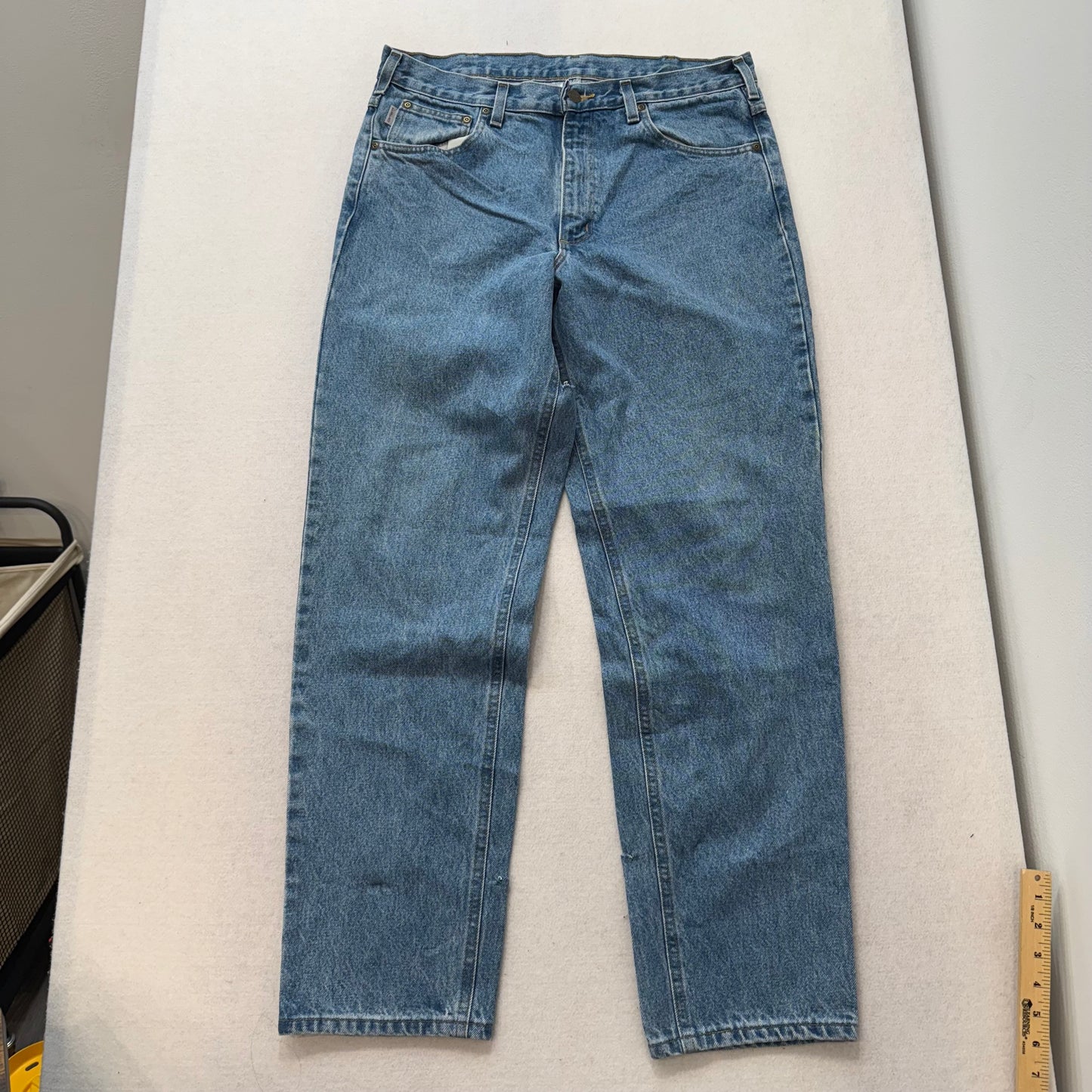 Carhartt Blue Denim Jeans Relaxed Fit Straight Leg Contrast Stitching Logo Patch Size 35x32