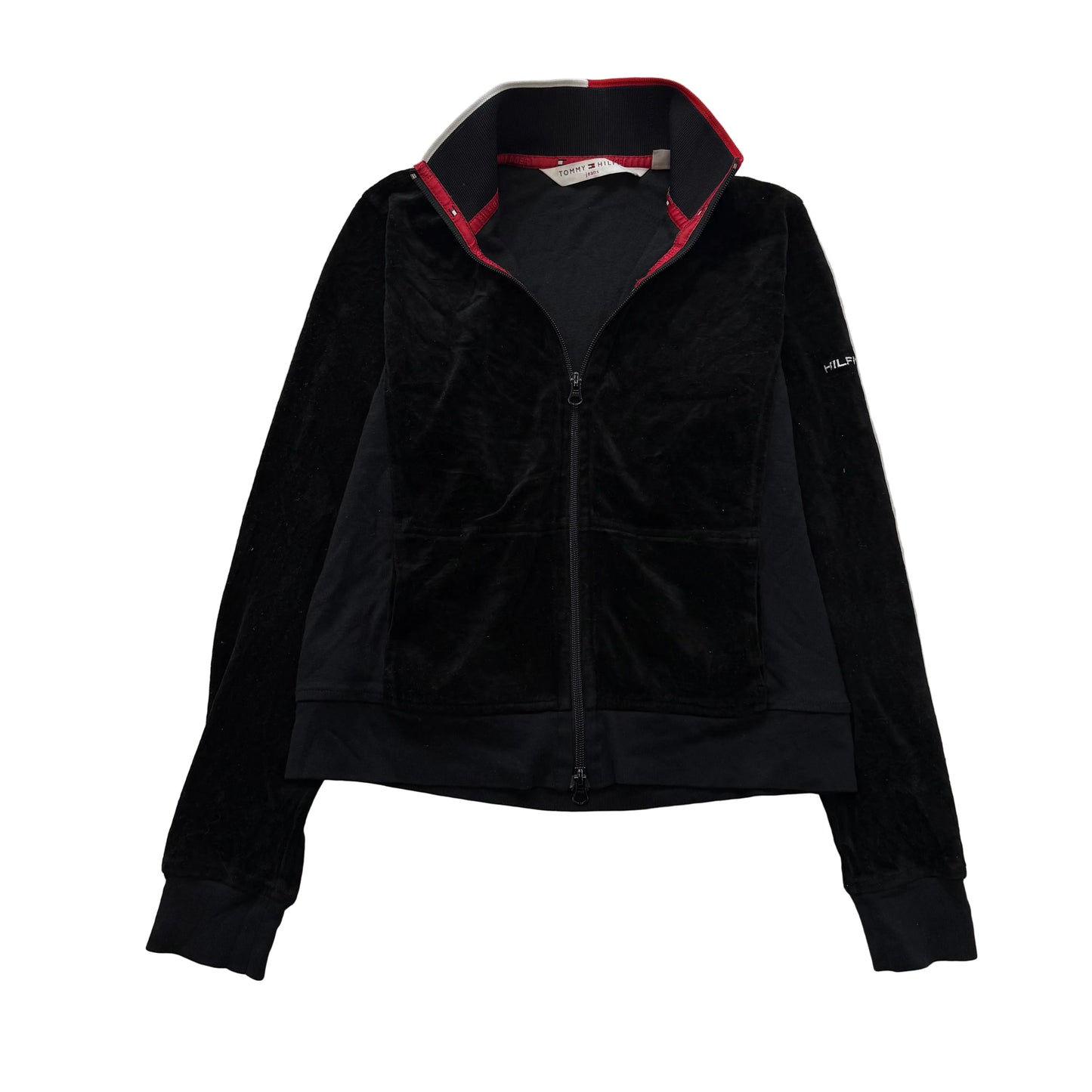 Tommy Hilfiger Women's Black Velour Full Zip Track Jacket Mock Neck Y2K Size M