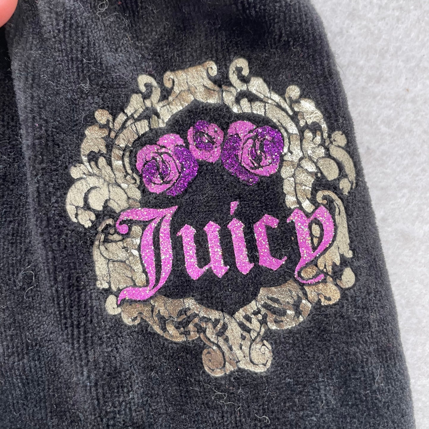Juicy Couture Women's Black Velour Flared Track Pants Glitter Logo Size S (7/8)
