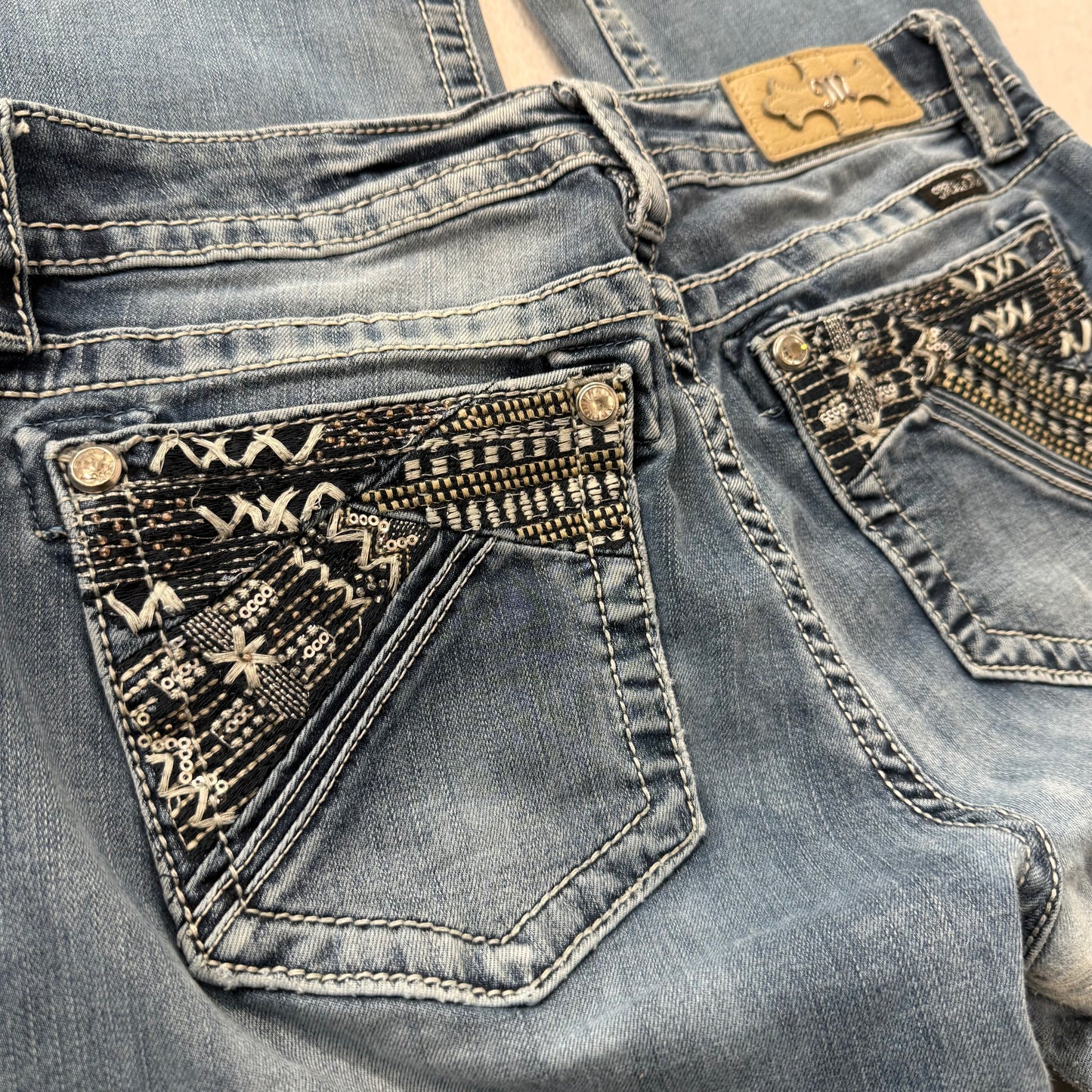RARE Miss Me Blue Denim Flared Ornate Embellished Bootcut Jeans Low Rise Size 31