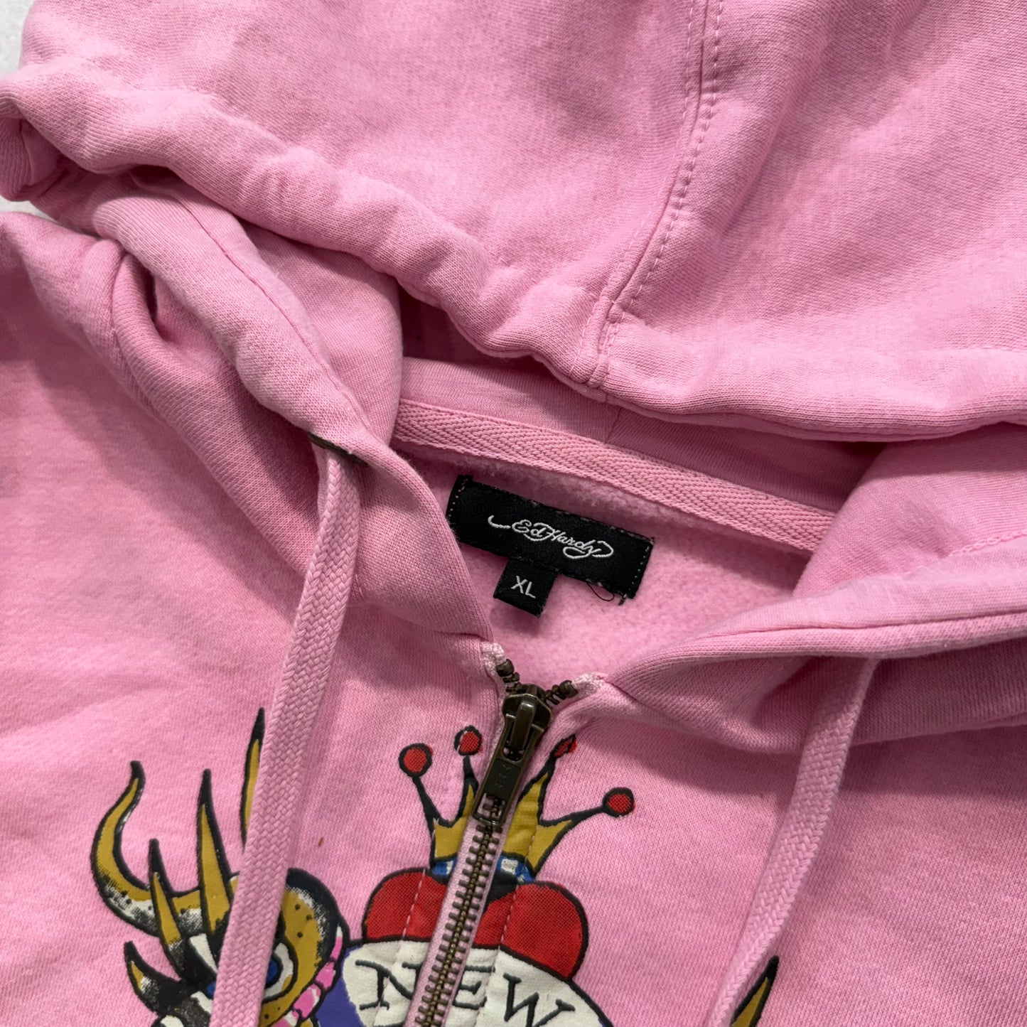 Ed Hardy Women's Baby Pink Velour Full Zip Cropped Hoodie Graphic Logo Size XL