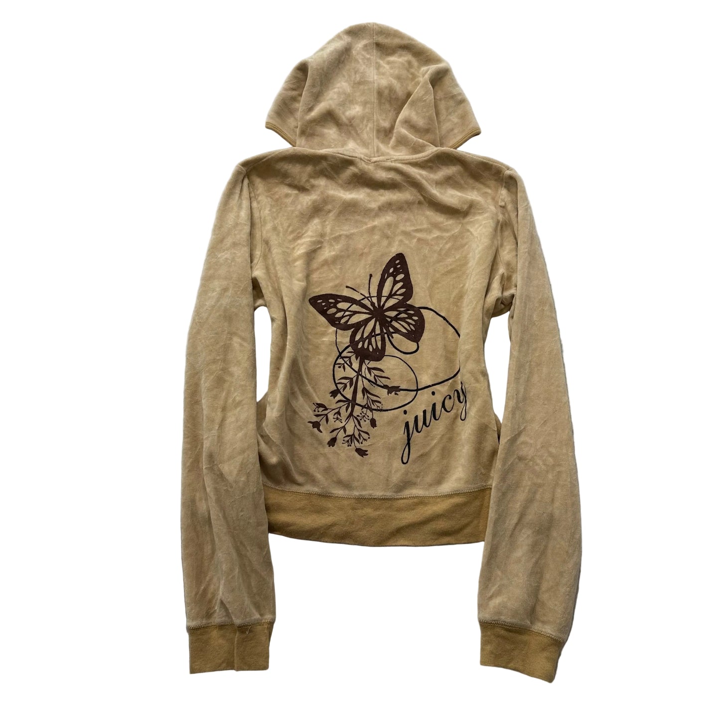 Vintage Juicy Couture Women's Tan Velour Full Zip Hoodie Graphic Logo Y2k Size L