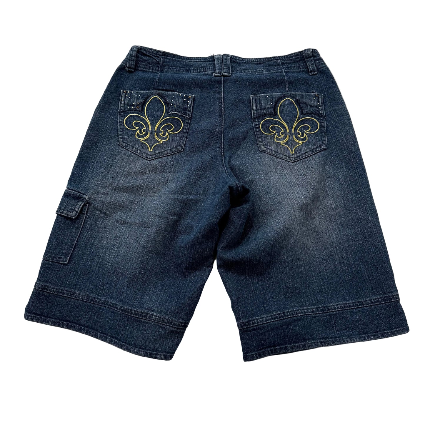 Dereon Women's Dark Blue Denim Cargo Shorts Fleur-De-Lis Back Pockets Size 9/10