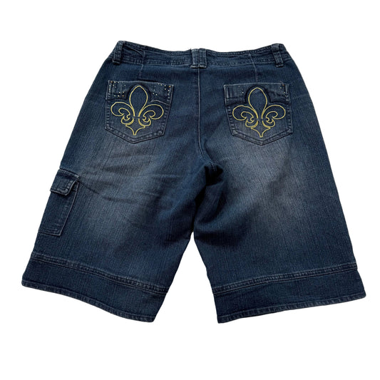 Dereon Women's Dark Blue Denim Cargo Shorts Fleur-De-Lis Back Pockets Size 9/10