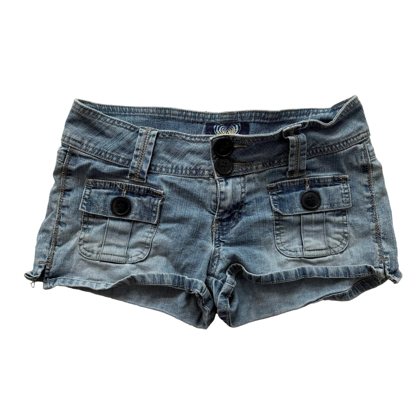 Vintage Angels Women's Blue Denim Low Rise Micro Mini Jeans Shorts Pocket Size 7