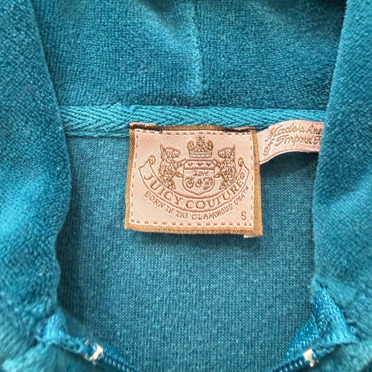 Vintage Juicy Couture Women's Teal Blue Velour Zip-Up Hoodie Graphic Logo Size S