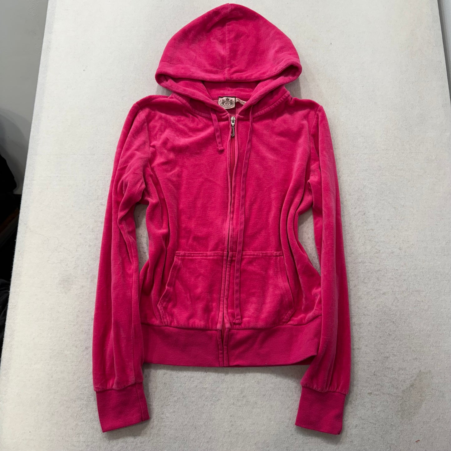 Vintage Juicy Couture Women's Hot Pink Velour Zip Up Hoodie Graphic Logo Size L