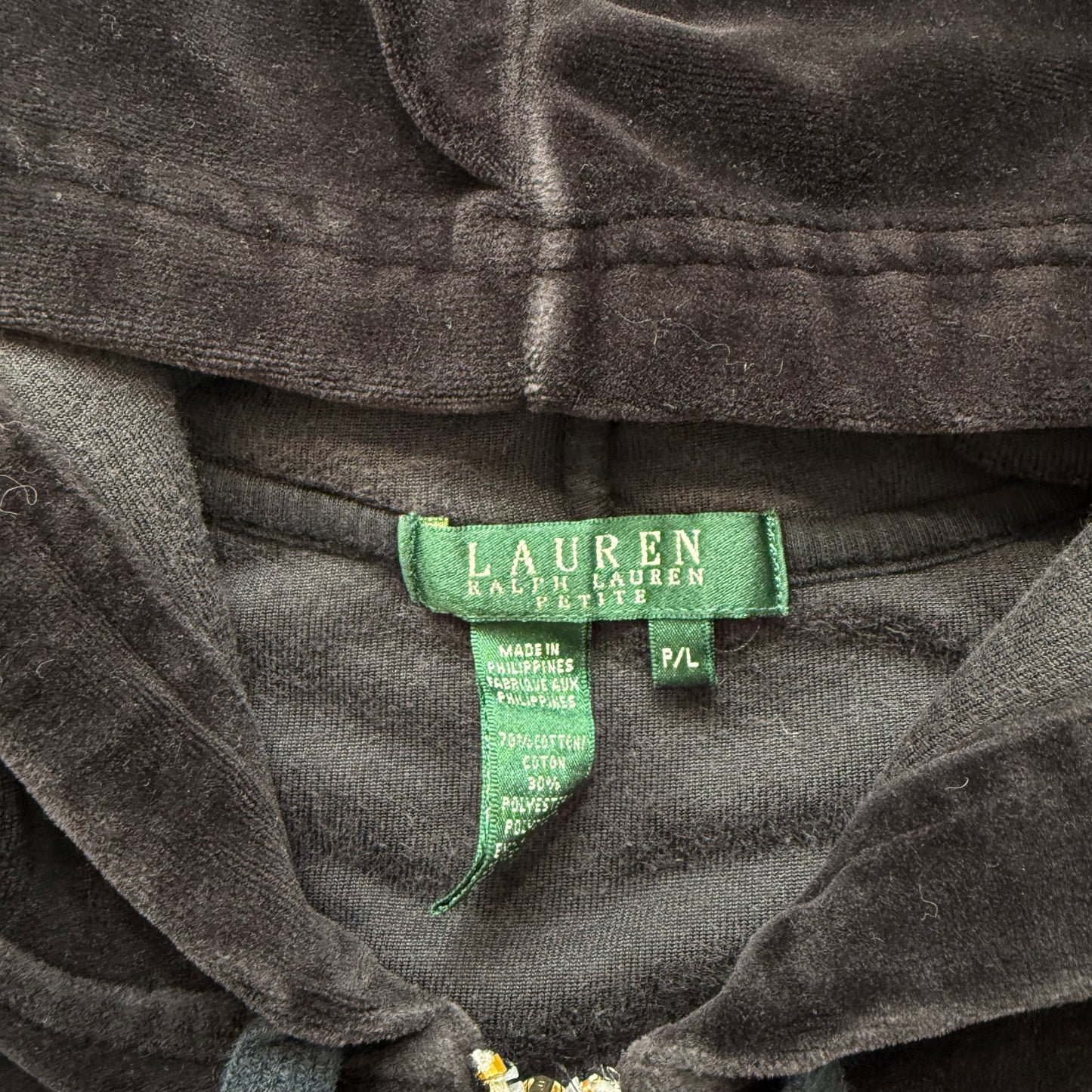 Lauren Ralph Lauren Women's Black Velour Full Zip Hoodie Zip Pockets Y2K Size L