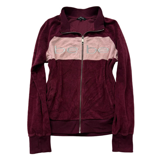 Bebe Women's Burgundy Velour Zip Up Track Jacket Embroidered Logo Pockets Size S