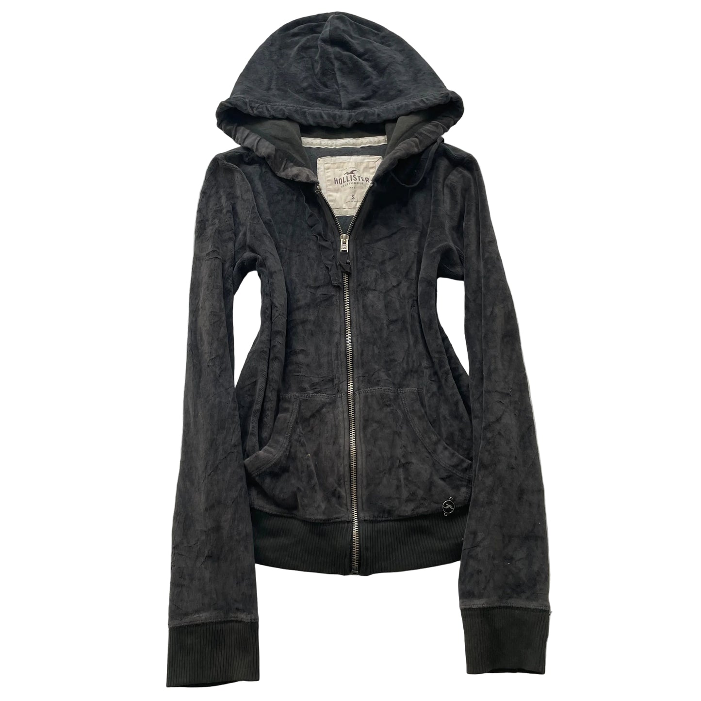 Hollister Womens Charcoal Gray Velour Zip-Up Hoodie Loungewear Drawstring Size S