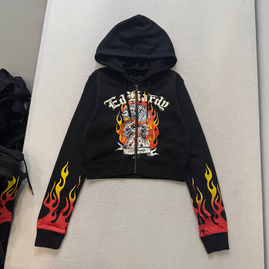 ED HARDY “Tiger Flame” BLACK CROPPED ZIP UP HOODIE