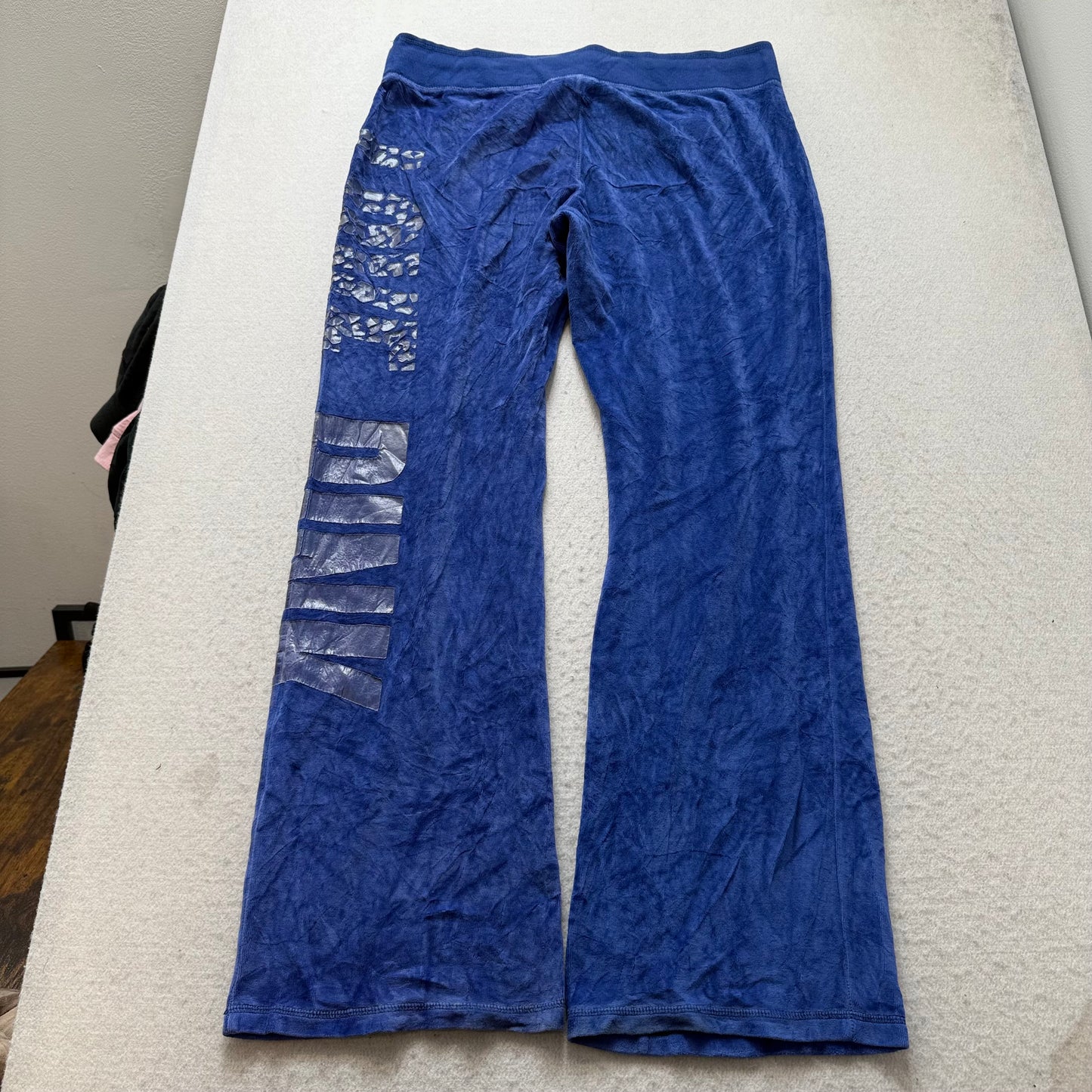 Victoria's Secret PINK Women's Cobalt Blue Velour Flared Track Pant Logo Size L